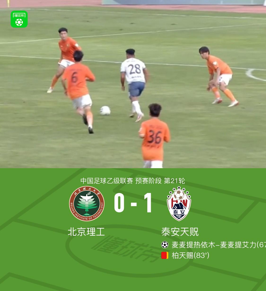 泰安天貺1-0北京理工，麥麥提熱依木制勝，柏天賜染紅